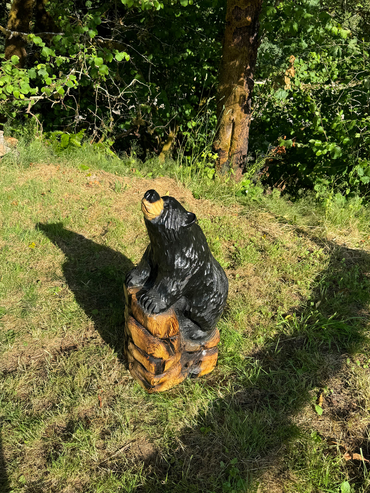 Chainsaw Carved 32” Brown Bear Standing on Rock Base
