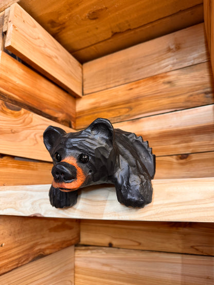Chainsaw Carved Black Shelf Bear with Hanging Paws – 10”