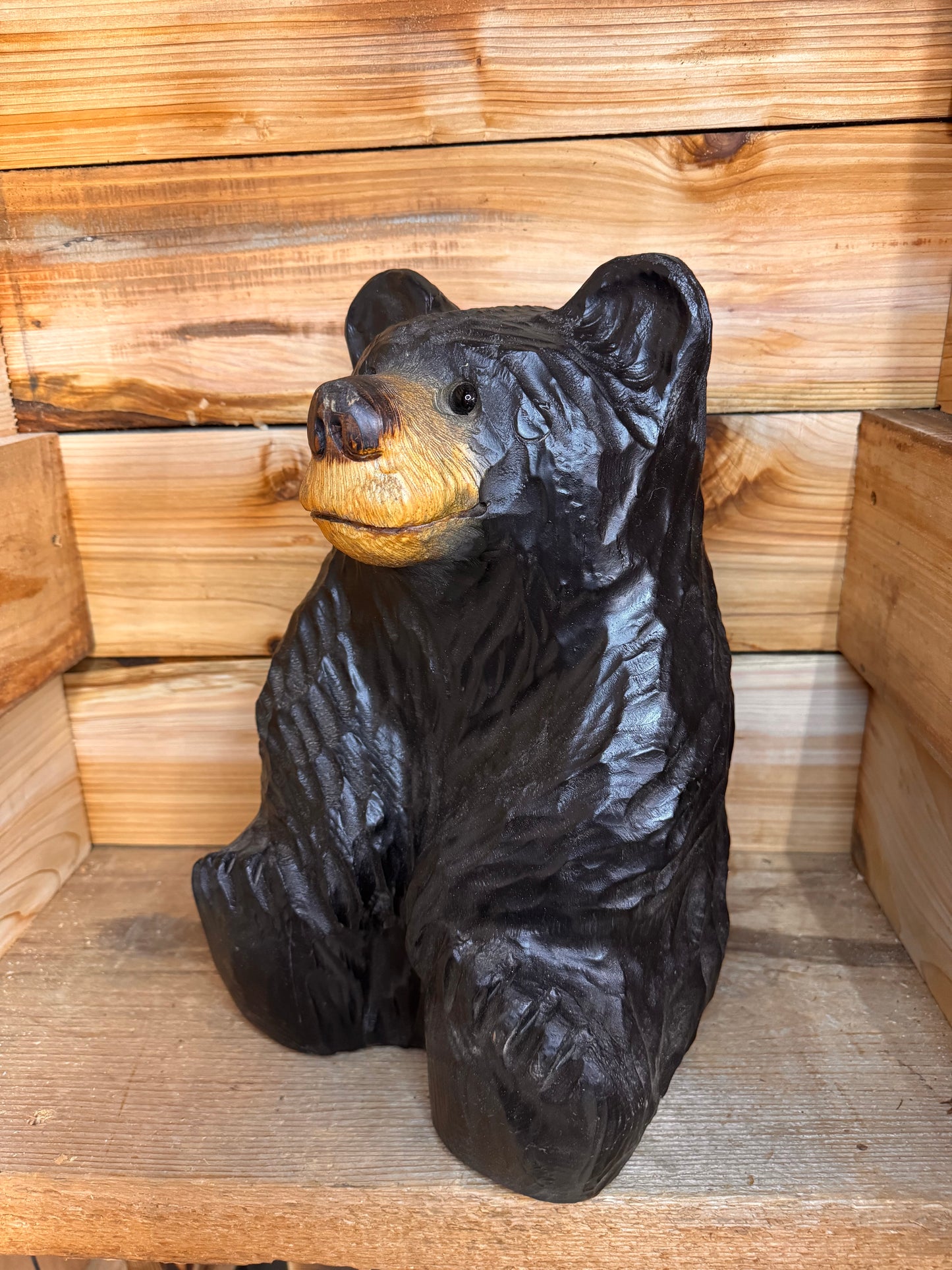Handcrafted Wood Carved Sitting Bear - 15 Inches Tall, Looking Straight Ahead - Black