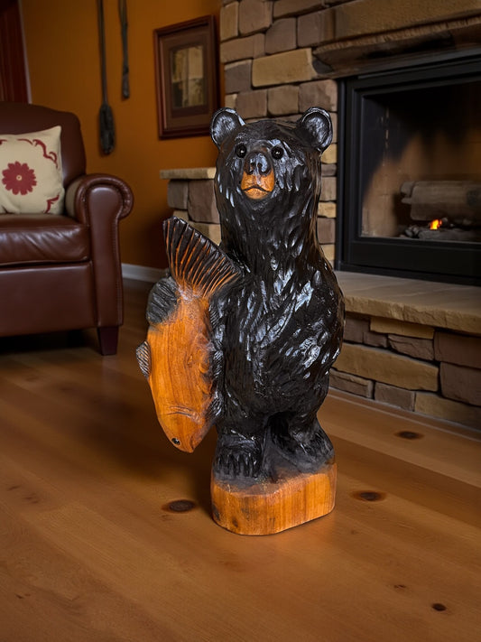 Wood Carved Bear with Fish - 24" - Black