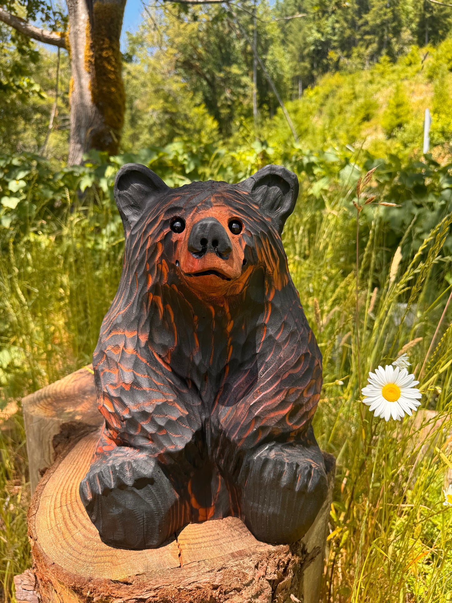 Handcrafted Wood Carved Sitting Bear - 15 Inches Tall, Looking Straight Ahead - Brown