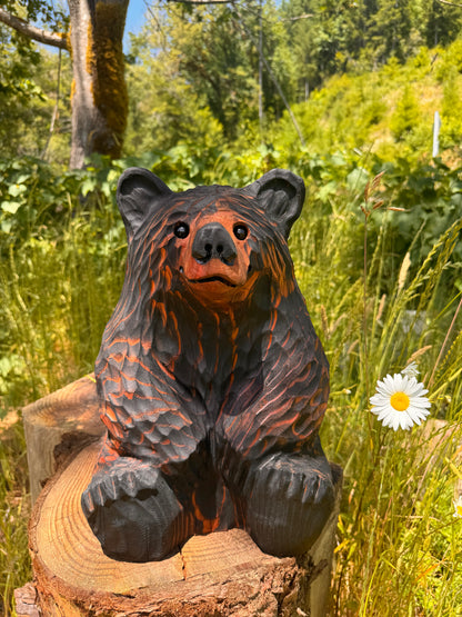 Handcrafted Wood Carved Sitting Bear - 15 Inches Tall, Looking Straight Ahead - Brown