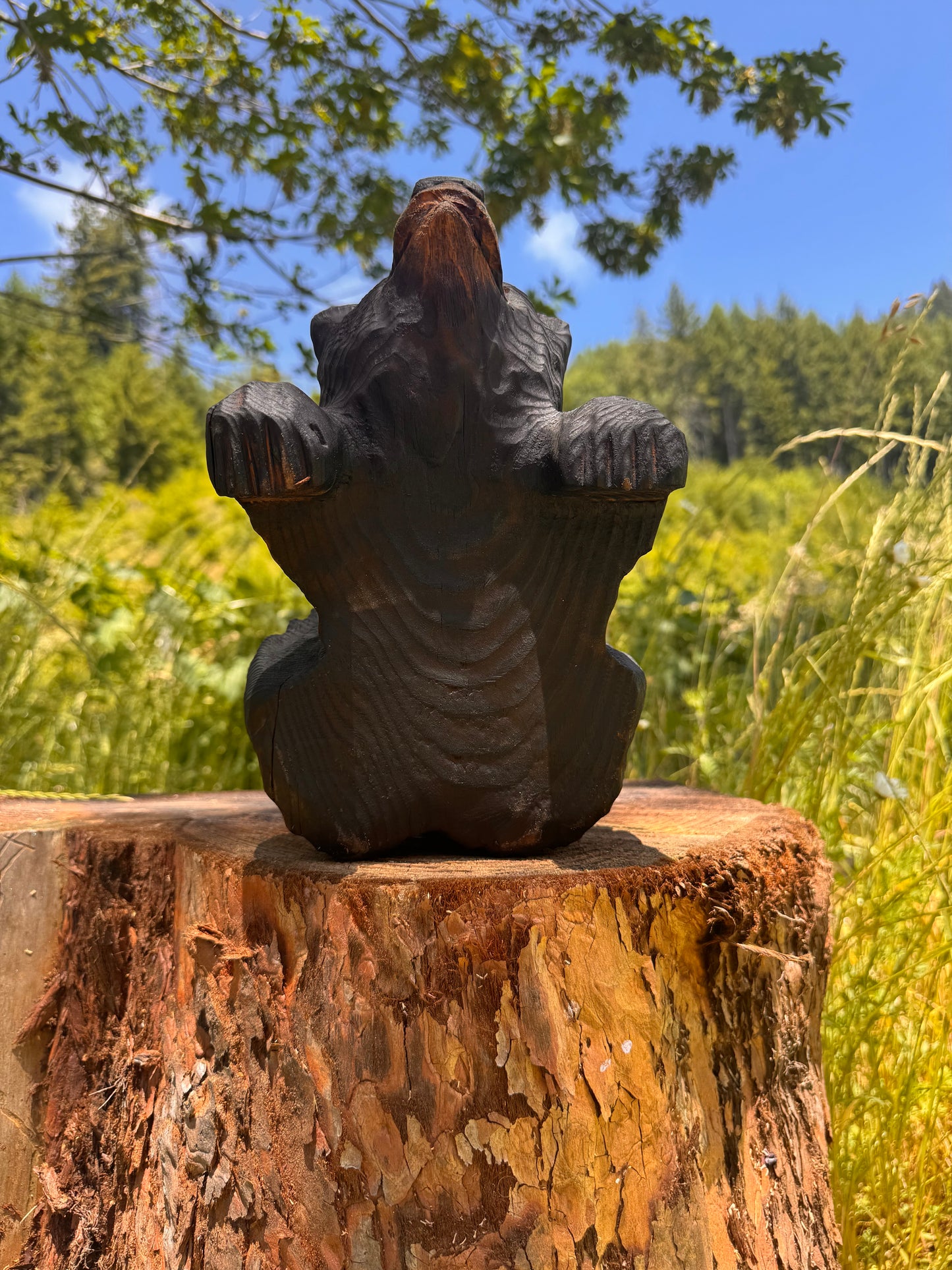 Chainsaw Carved Black Mantle Bear with Hanging Paws – 10”
