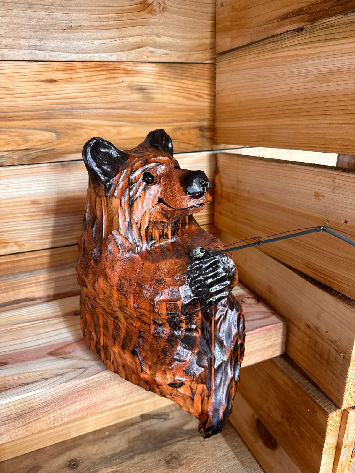 Chainsaw Carved Brown Bear Sitting on Ledge with Fishing Pole – 15”