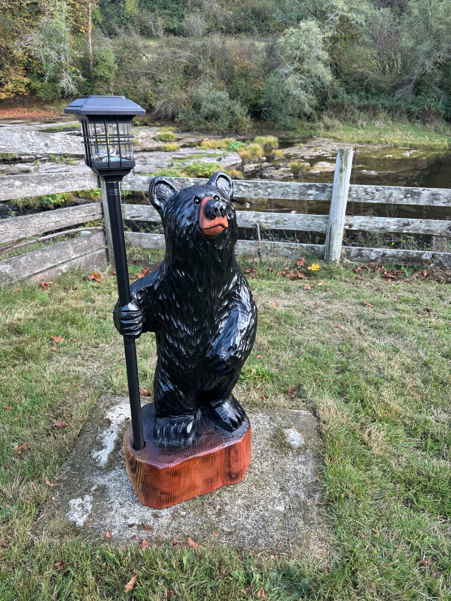 40" Wood Carved Bear with Lantern - Black