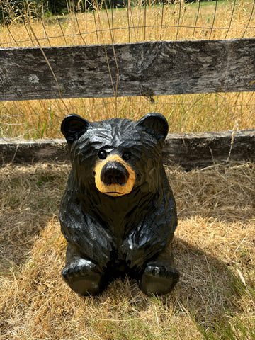 Handcrafted Wood Carved Sitting Bear - 15 Inches Tall, Looking Straight Ahead - Black