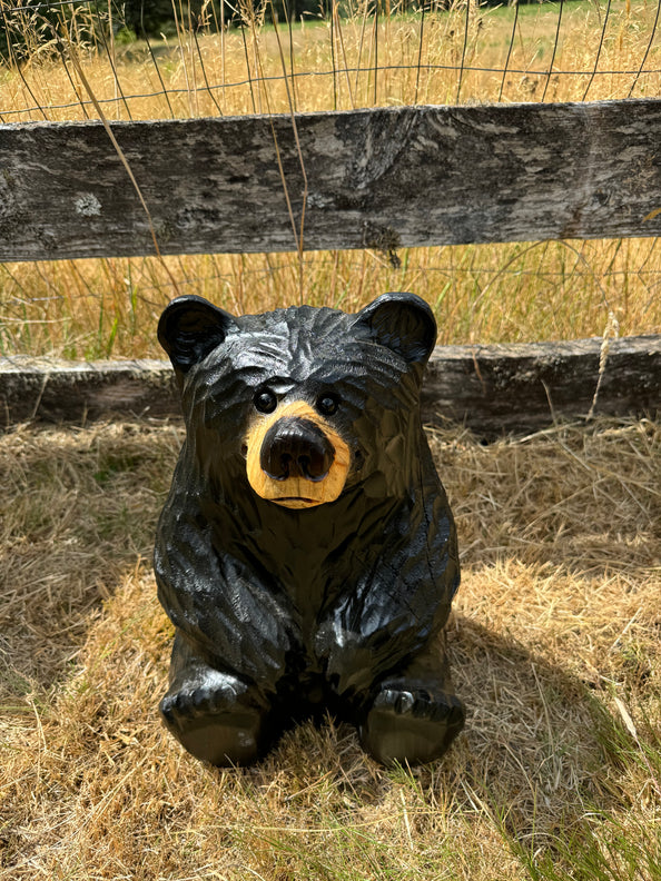 Handcrafted Wood Carved Sitting Bear - 15 Inches Tall, Looking Straight Ahead - Black