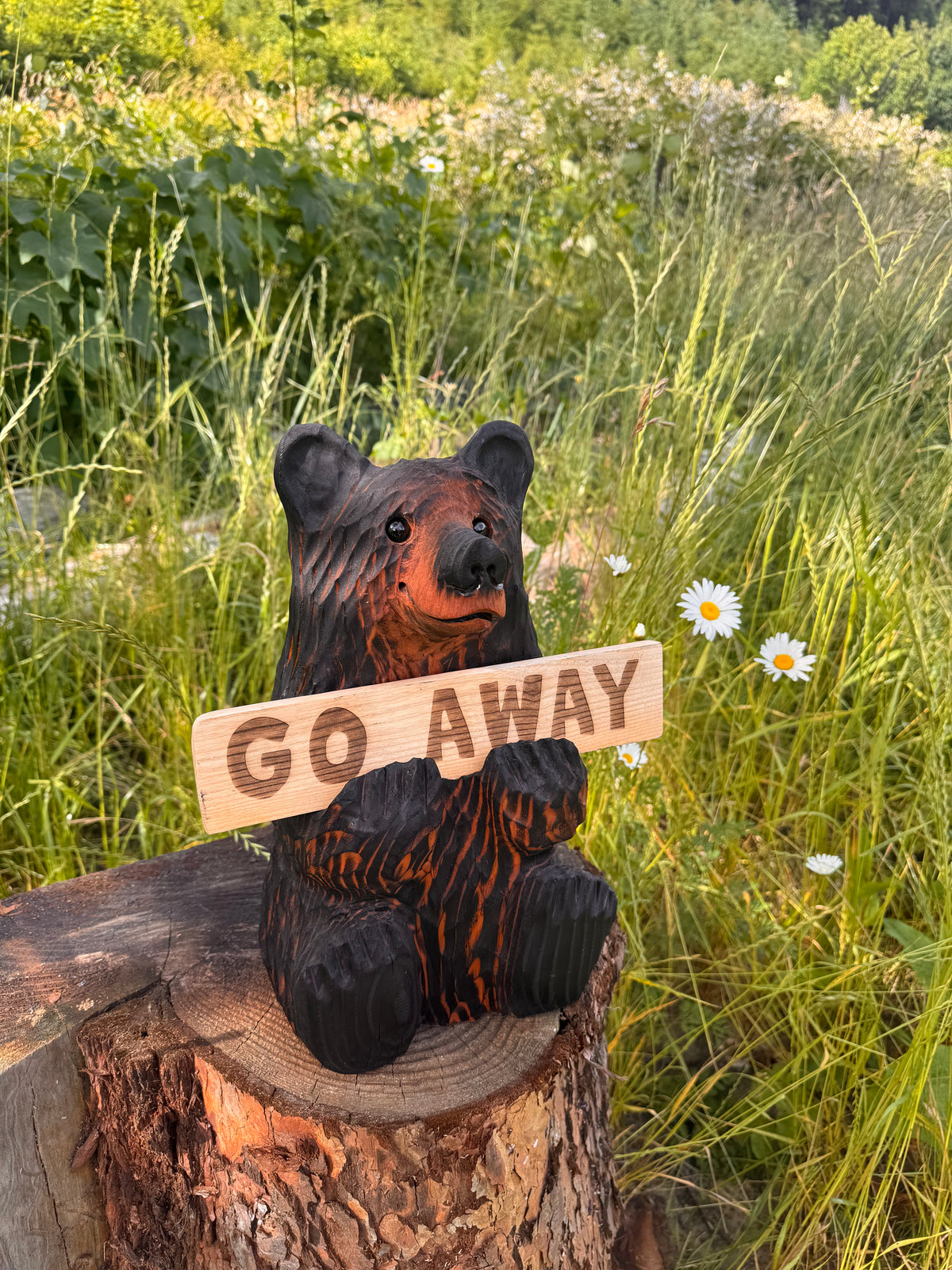 Wood Carved Bear Holding Sign 15" - Customizable - Brown