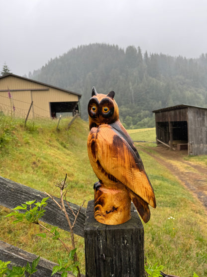 Handcrafted Wood Carving of Owl Perched on Stump - 15 Inches, with Piercing Eyes