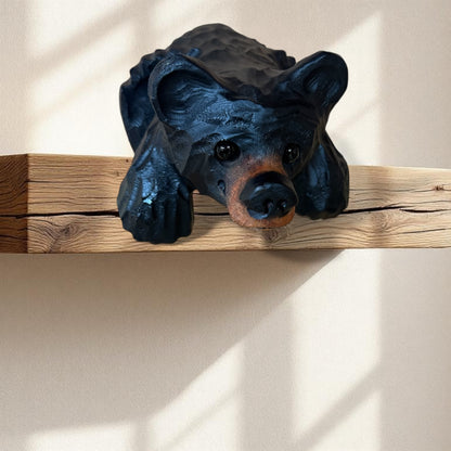 Chainsaw Carved Black Shelf Bear with Hanging Paws – 10”