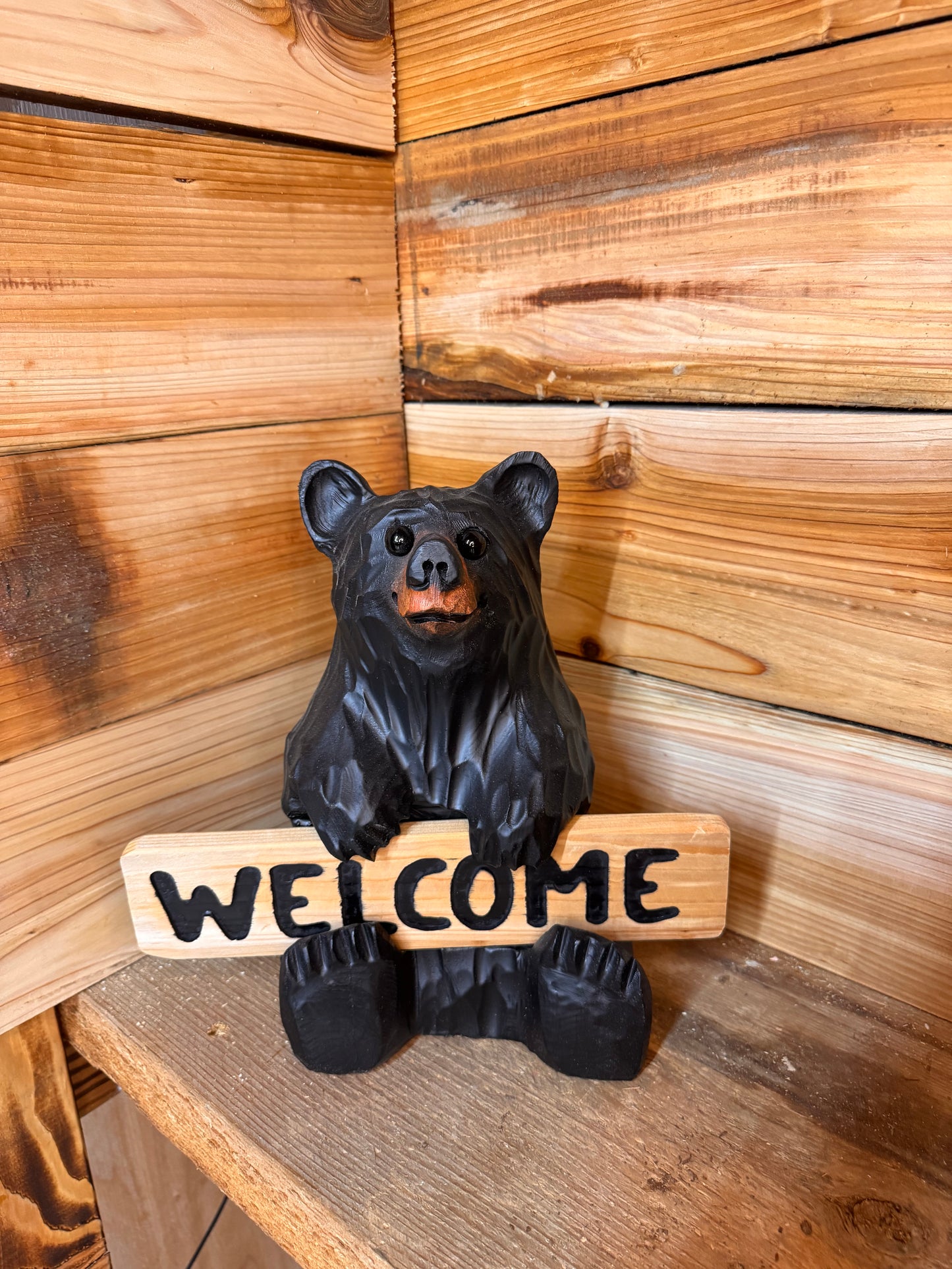 Wood Carved Bear Holding Welcome, Reversible Sign 11''- Customizable