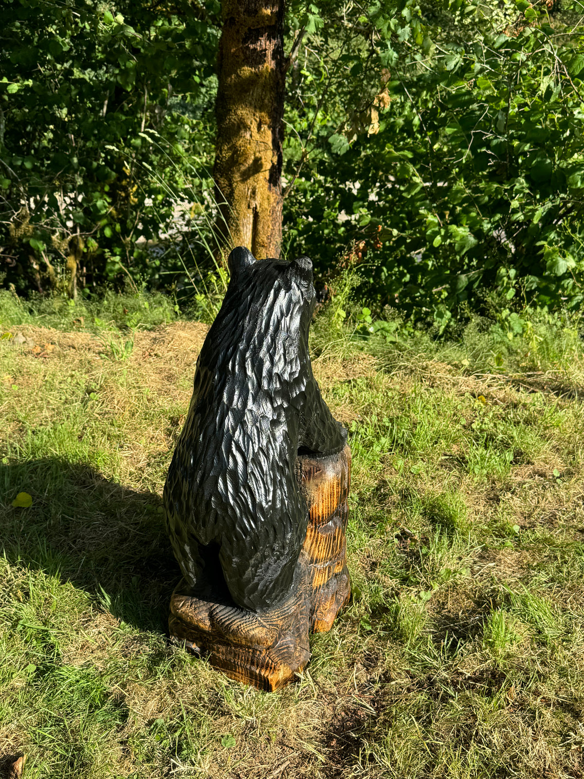 32” Chainsaw Carved Bear on Rock Base – Redwood Wood Sculpture