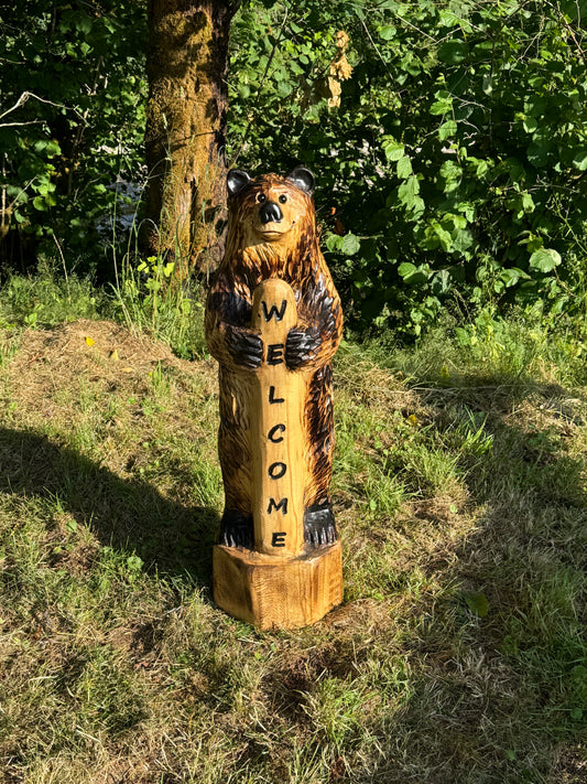 Chainsaw Carved Standing Bear with Welcome Sign - 36" Brown