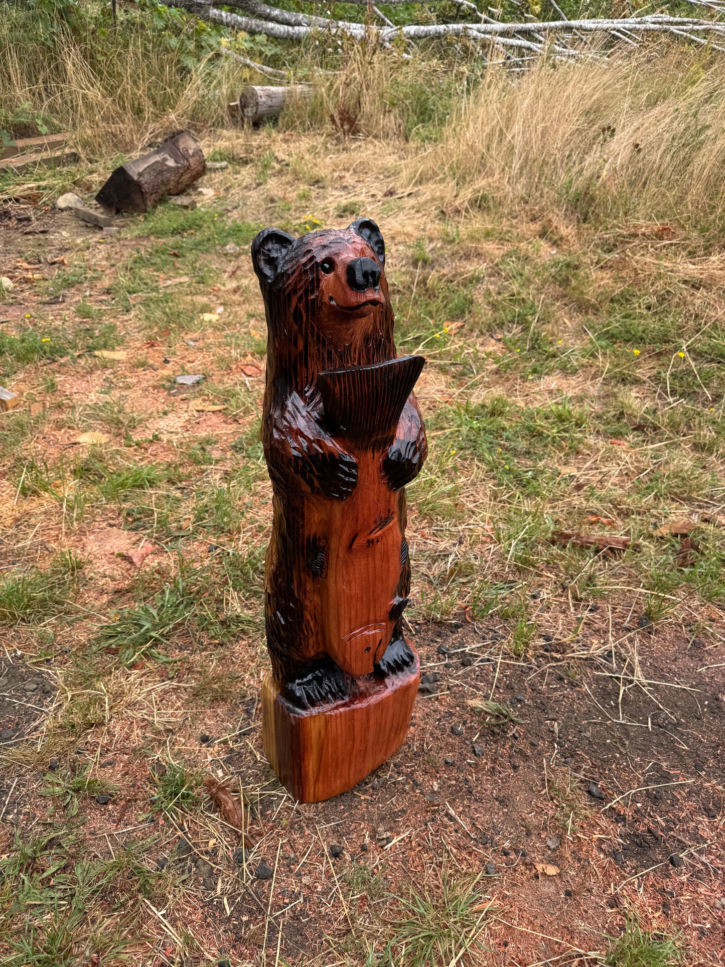 Chainsaw Carved Brown Bear Holding a Fish - Redwood - 32 inches