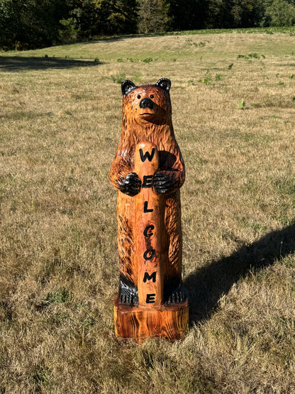 Hand-Carved Wood Bear with Welcome Sign - 48 Inches, Perfect for Entryways - Brown