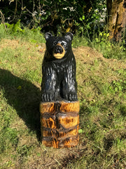 32” Chainsaw Carved Bear on Rock Base – Redwood Wood Sculpture