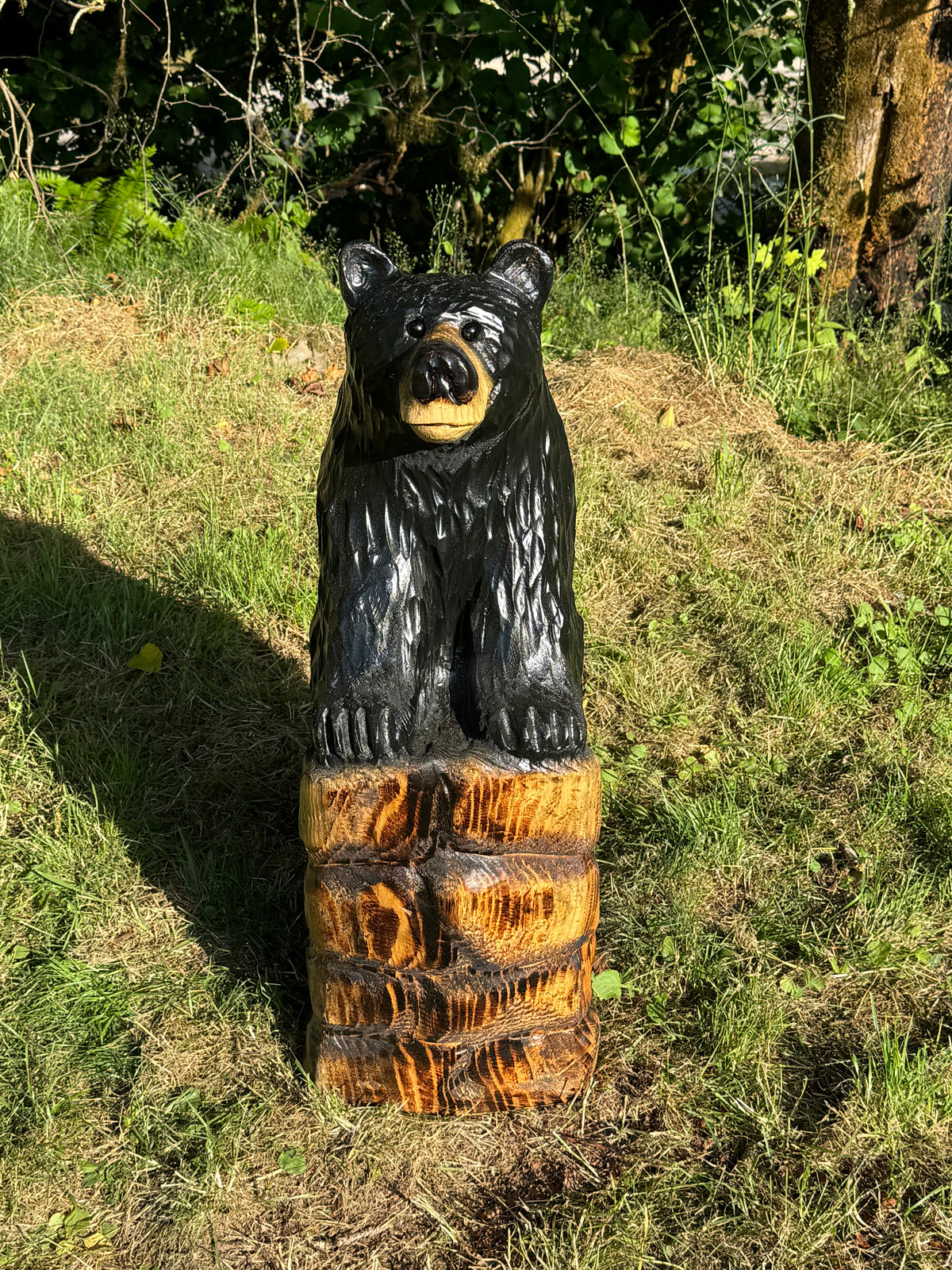 32” Chainsaw Carved Bear on Rock Base – Redwood Wood Sculpture