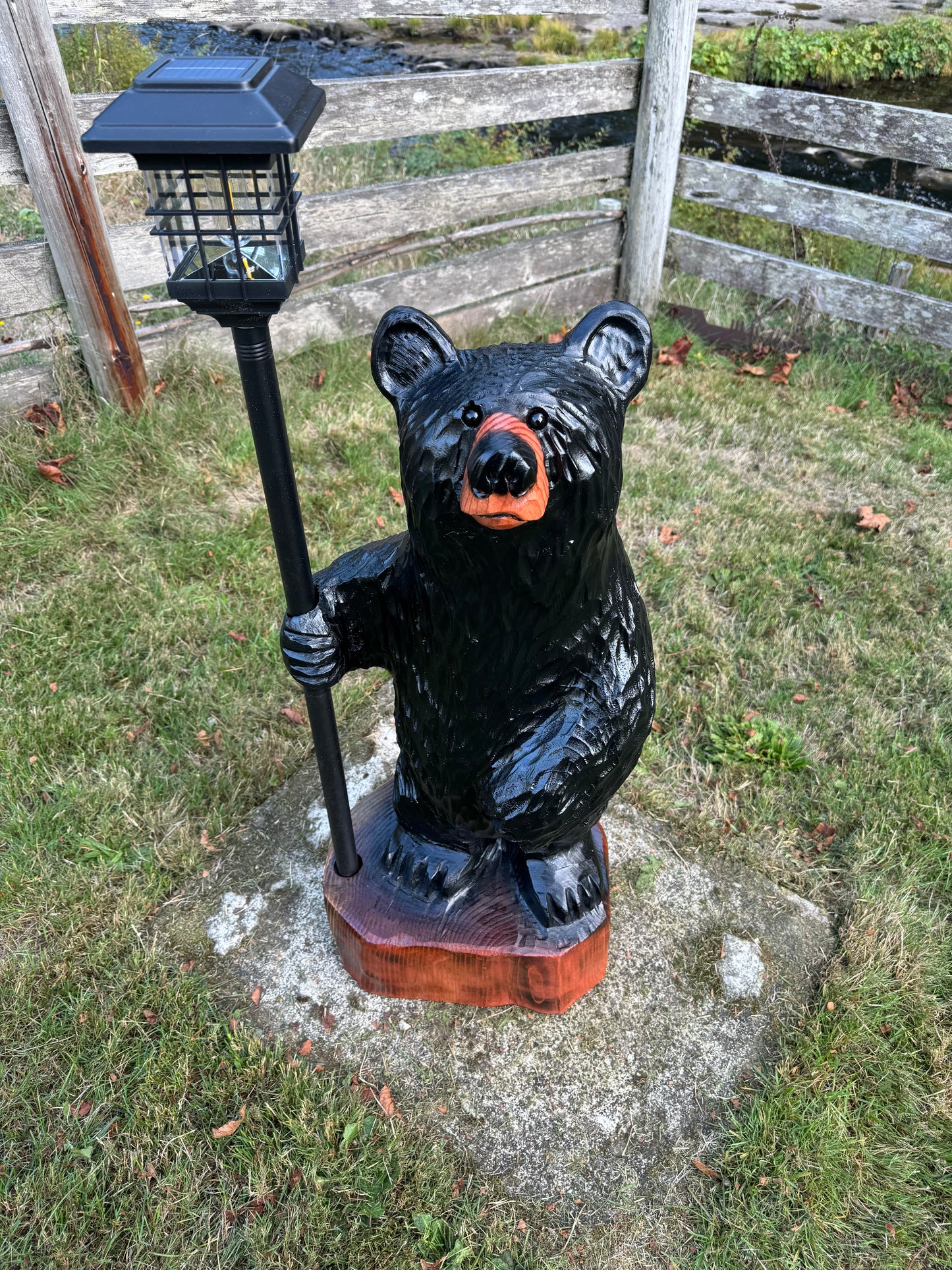 40" Wood Carved Bear with Lantern - Black