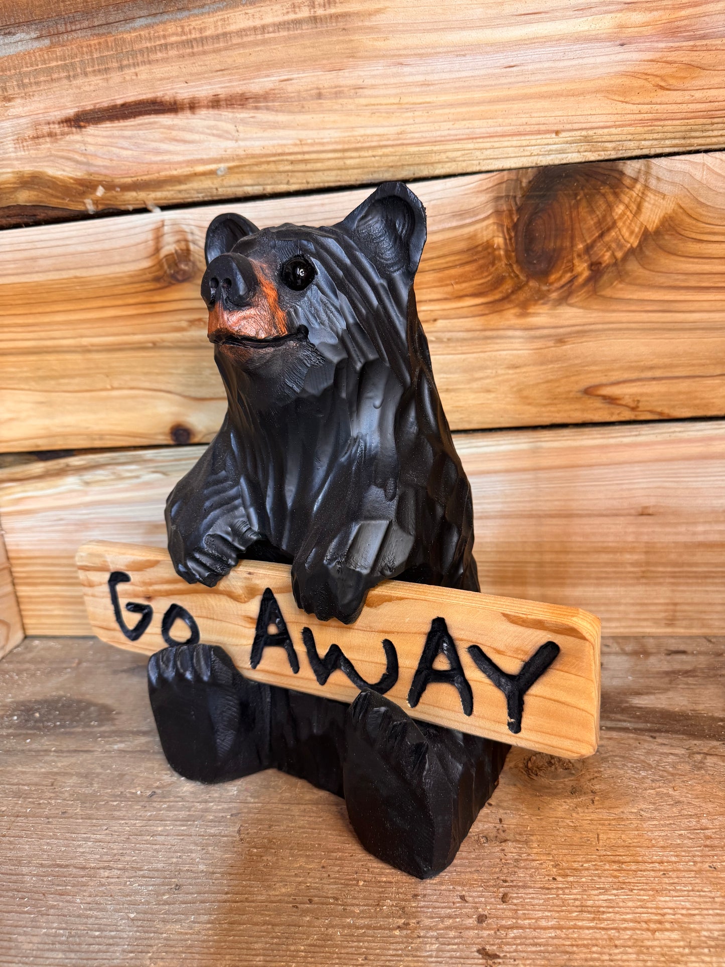 Wood Carved Bear Holding Welcome, Reversible Sign 11''- Customizable