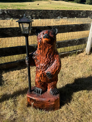 Chainsaw Carved Redwood Bear with Solar Lantern – 40”