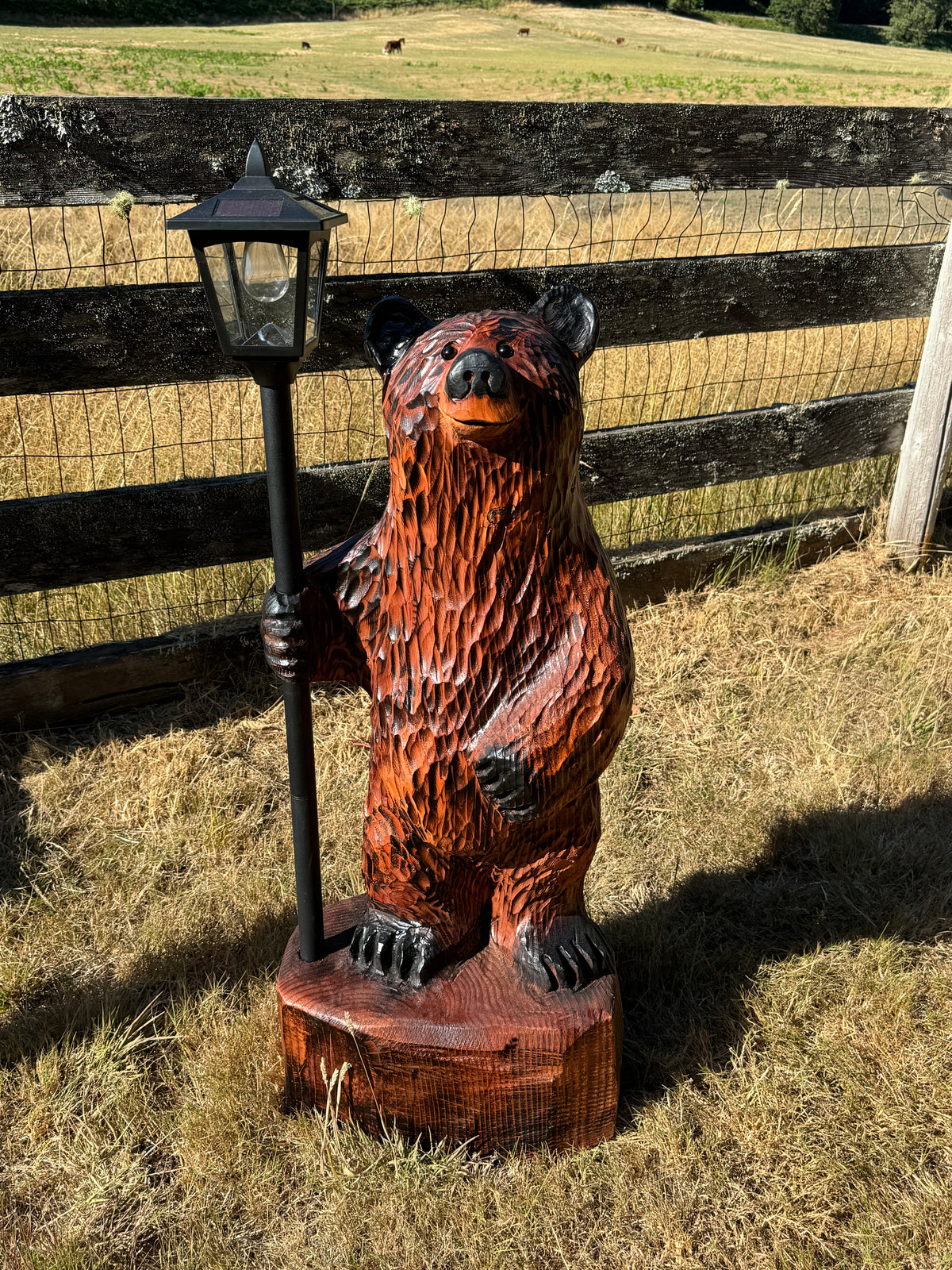 Chainsaw Carved Redwood Bear with Solar Lantern – 40”