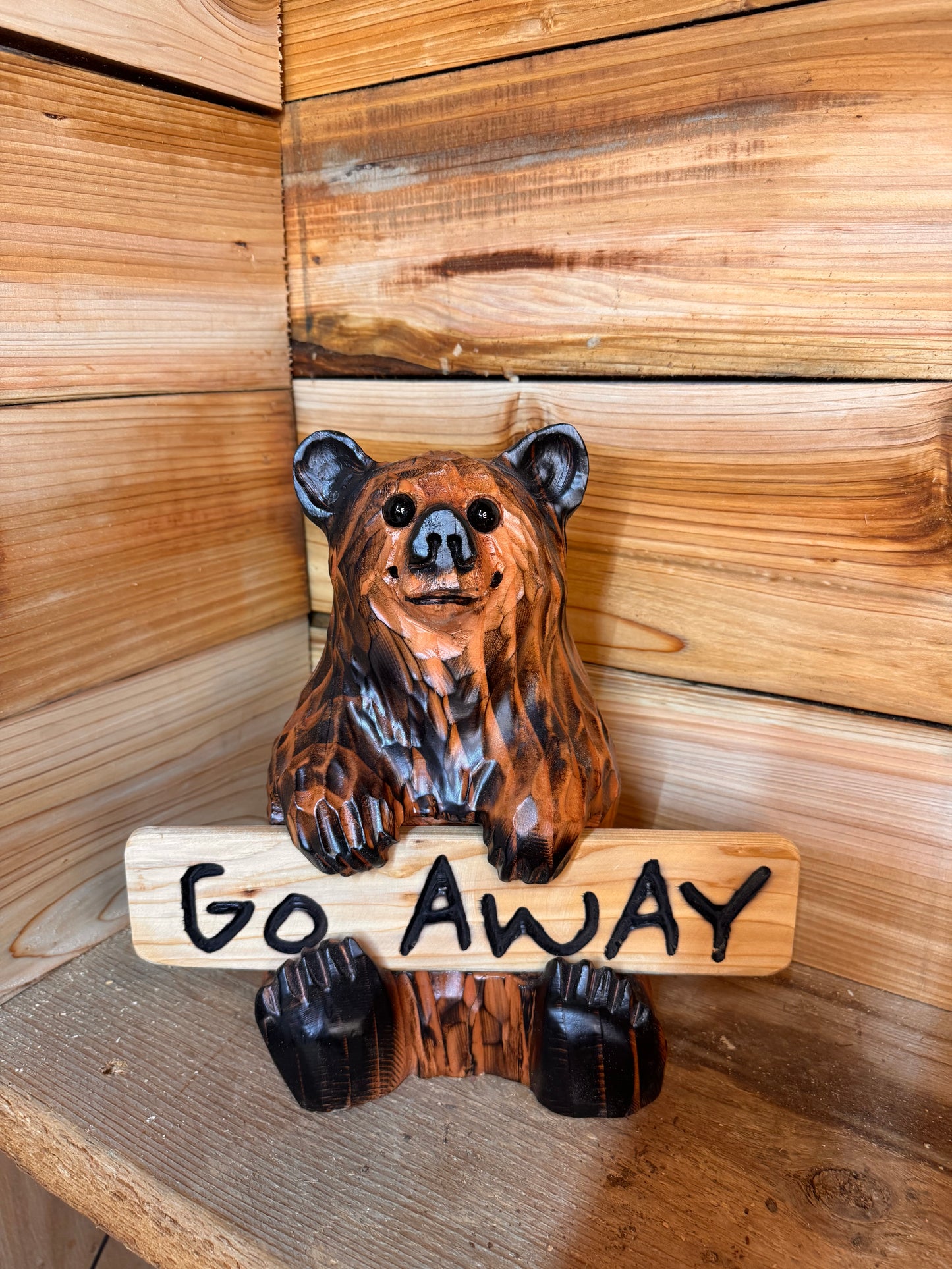 Wood Carved Bear Holding Welcome, Reversible Sign 11''- Customizable