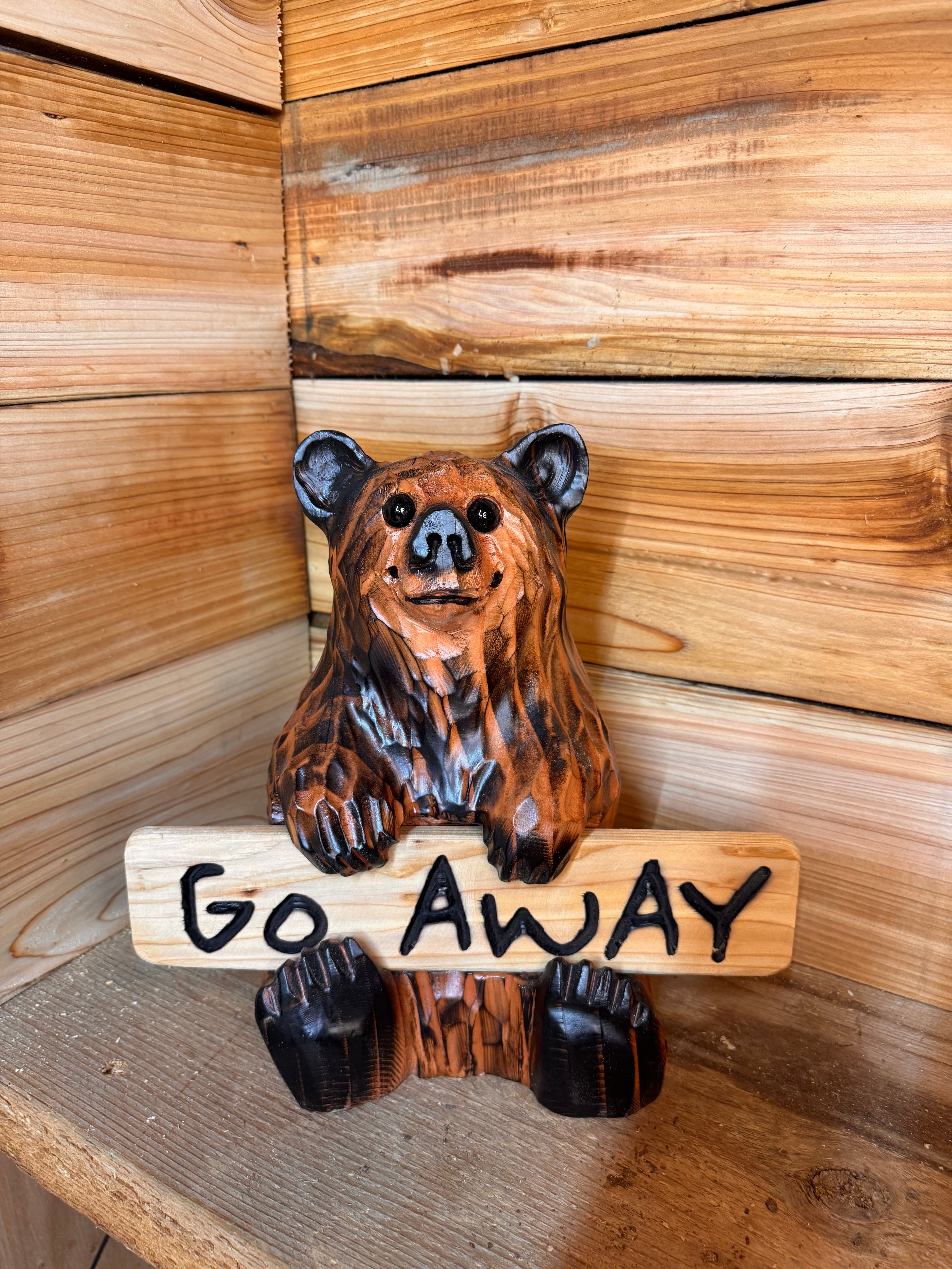 Chainsaw Carved Sitting Brown Bear with Reversible Sign – 11" Giant Sequoia Redwood