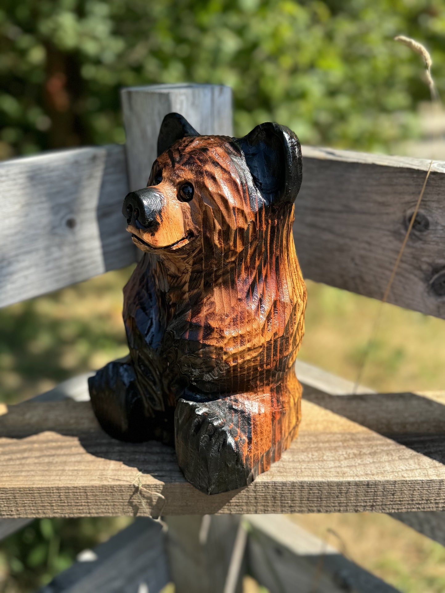 Wood Carved Sitting Bear 12" - Brown