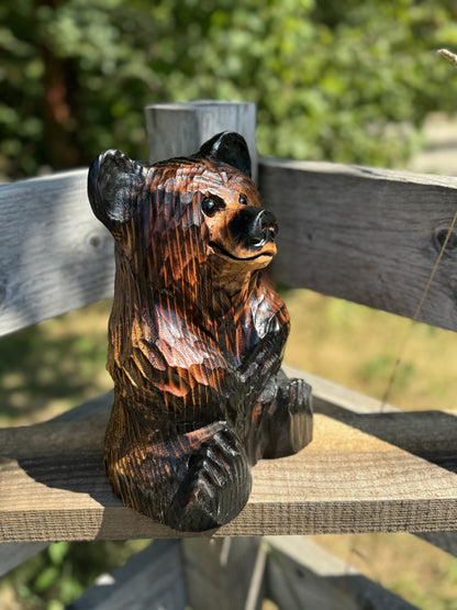 Wood Carved Sitting Bear 12" - Brown