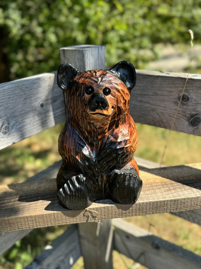 Wood Carved Sitting Bear 12" - Brown