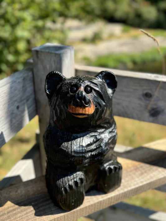 Wood Carved Sitting Bear 12" - Black