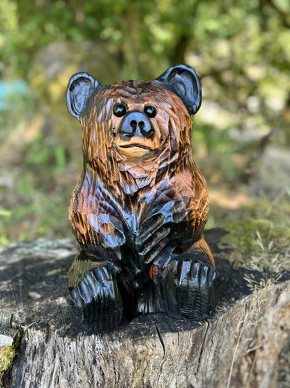 Wood Carved Sitting Bear 12" - Brown