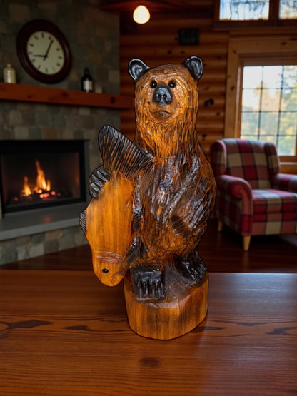 Chainsaw Carved Standing Bear Holding Fish – 24” Western Red Cedar