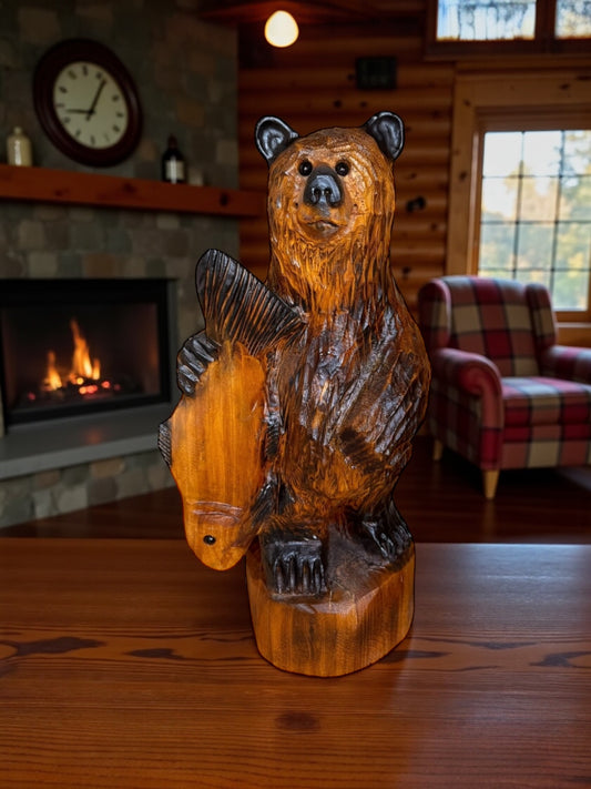 Chainsaw Carved Standing Bear Holding Fish – 24” Western Red Cedar