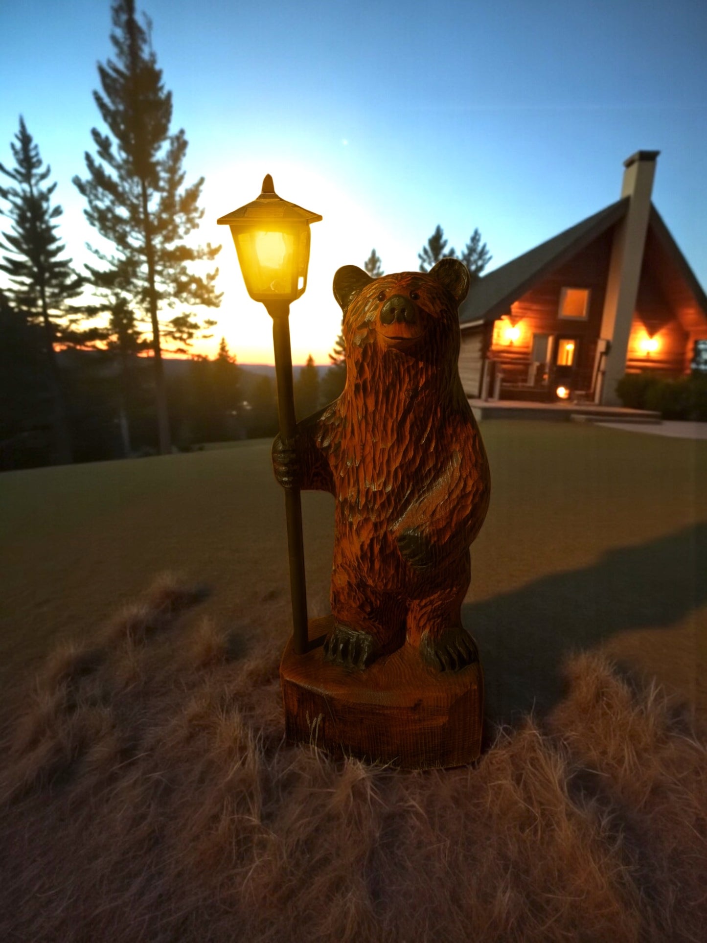 Chainsaw Carved Redwood Bear with Solar Lantern – 40”