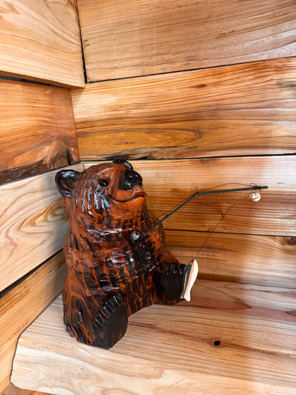 Wood Carved Bear with Fishing pole - 10" - Brown