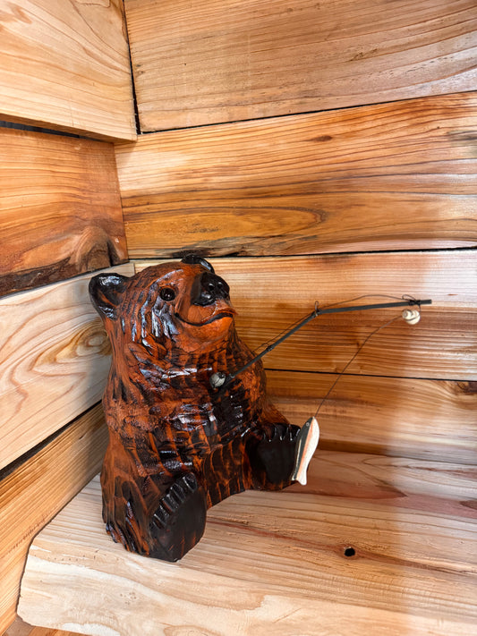 Wood Carved Bear with Fishing pole - 10" - Brown