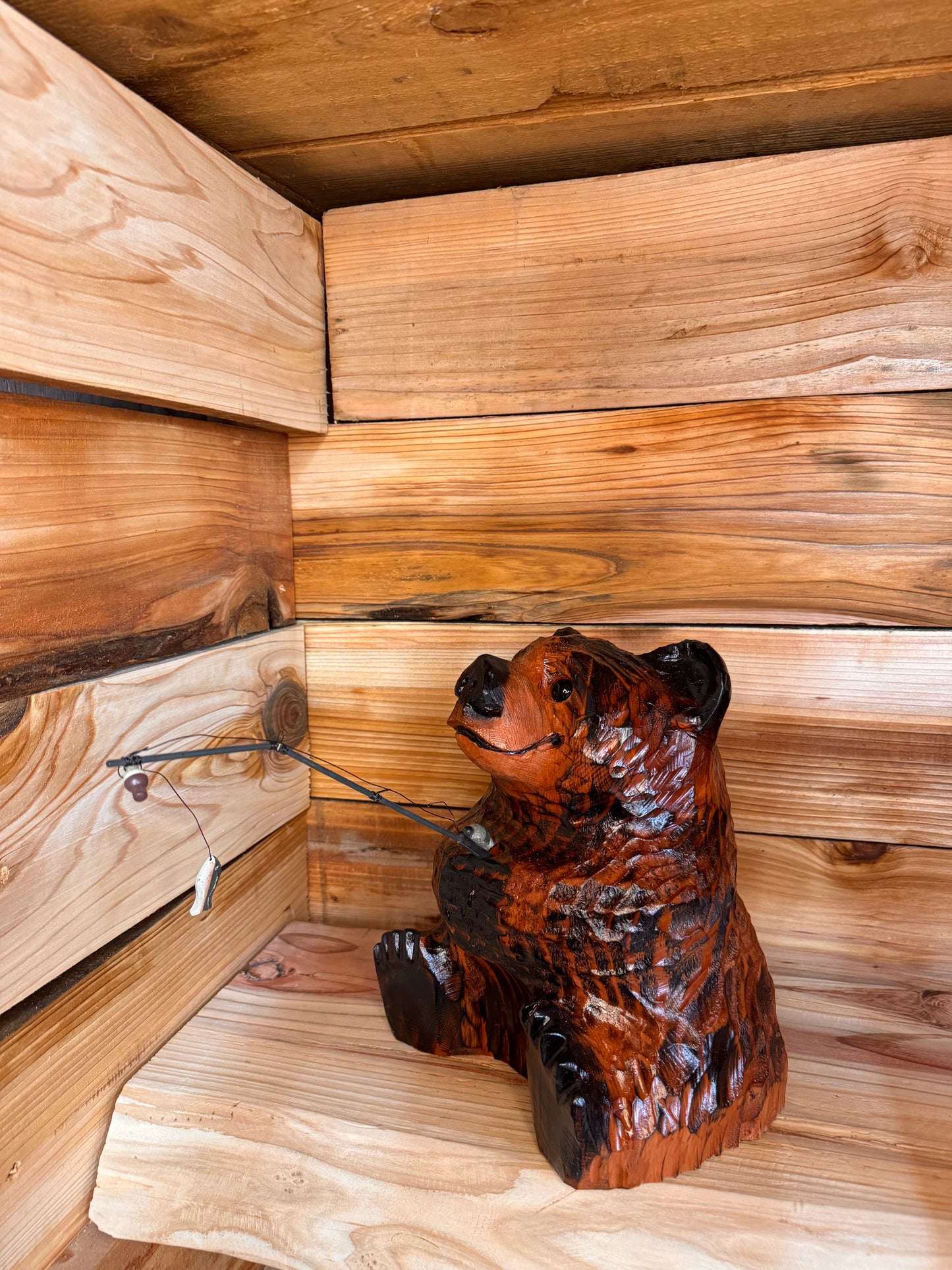 Wood Carved Bear with Fishing pole - 10" - Brown