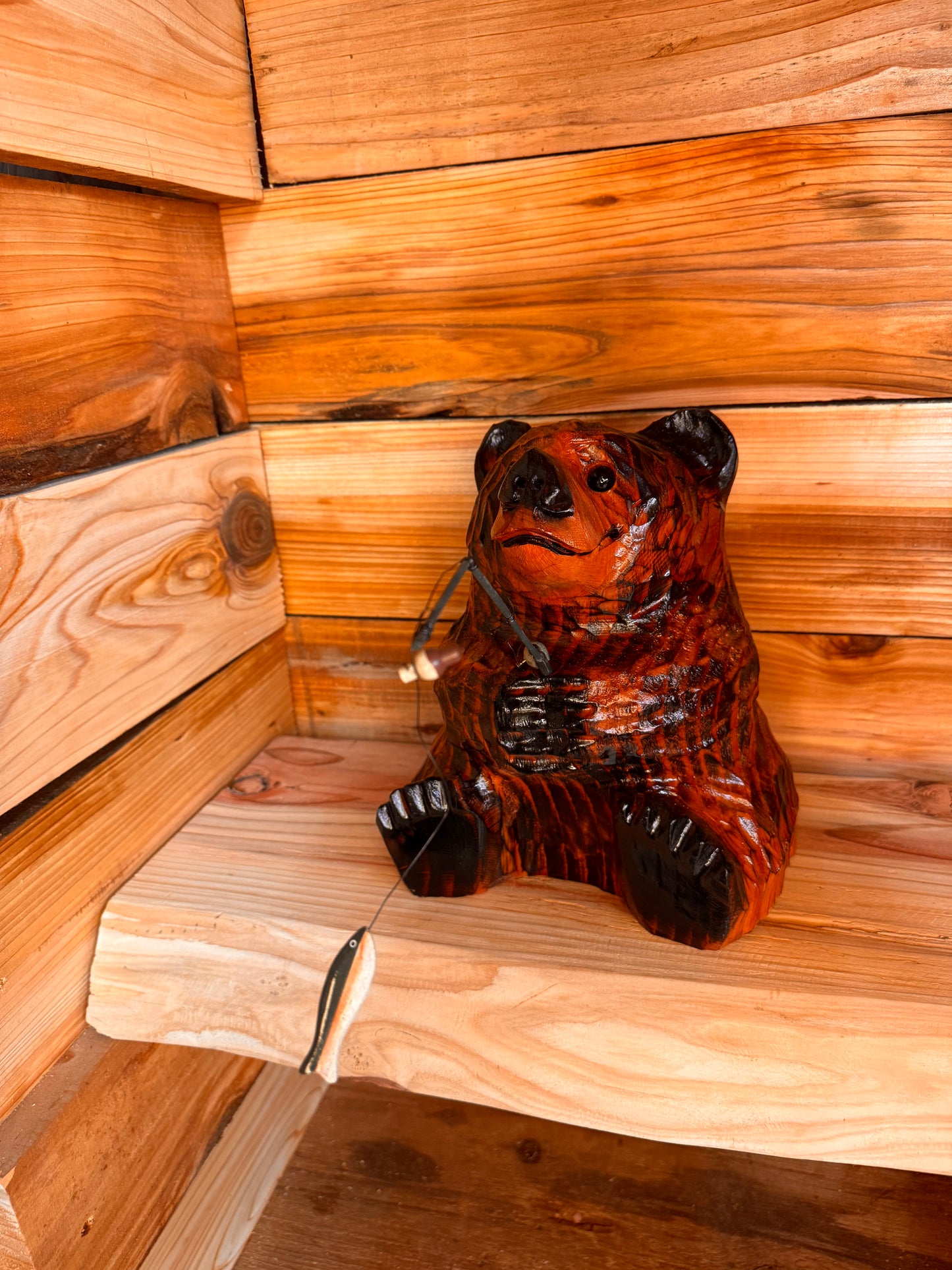 Wood Carved Bear with Fishing pole - 10" - Brown