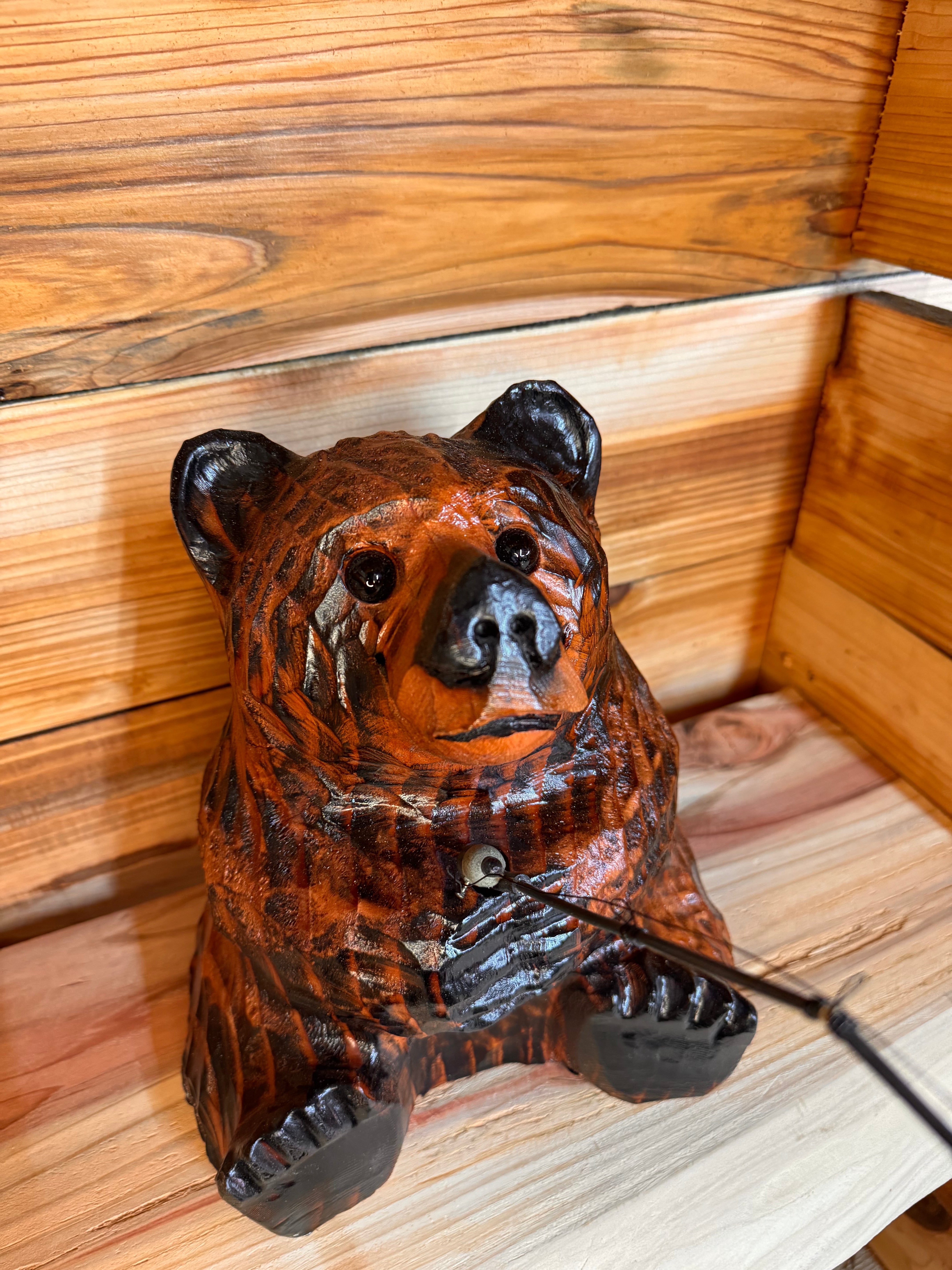 Wood Carved Bear with Fishing pole - 10" - Brown