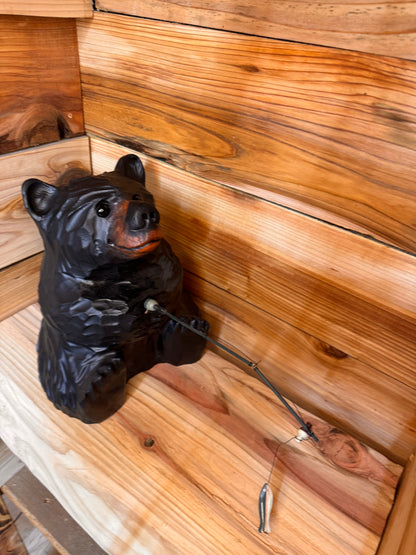 Wood Carved Bear with Fishing pole - 10" - Black
