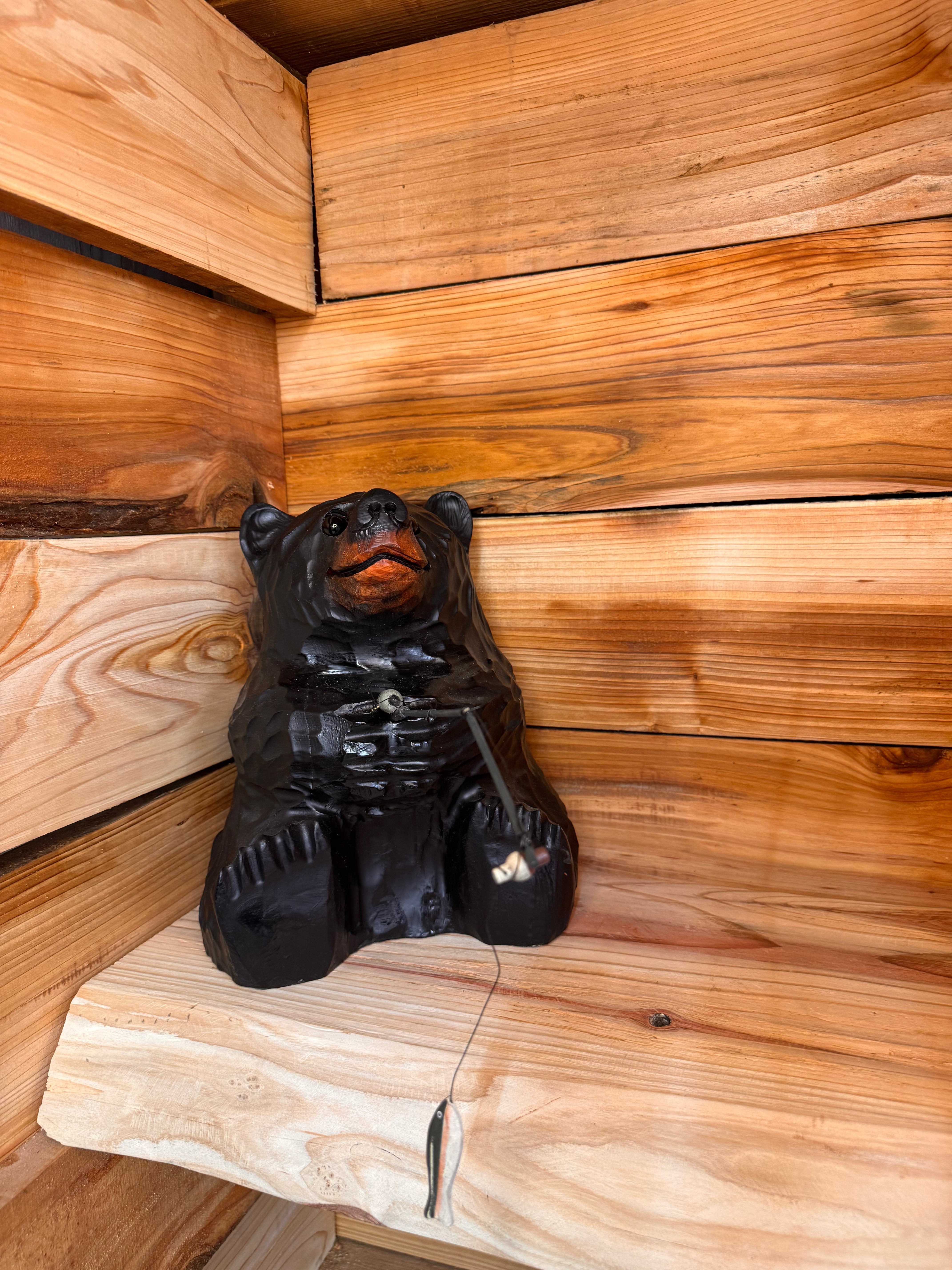Wood Carved Bear with Fishing pole - 10" - Black