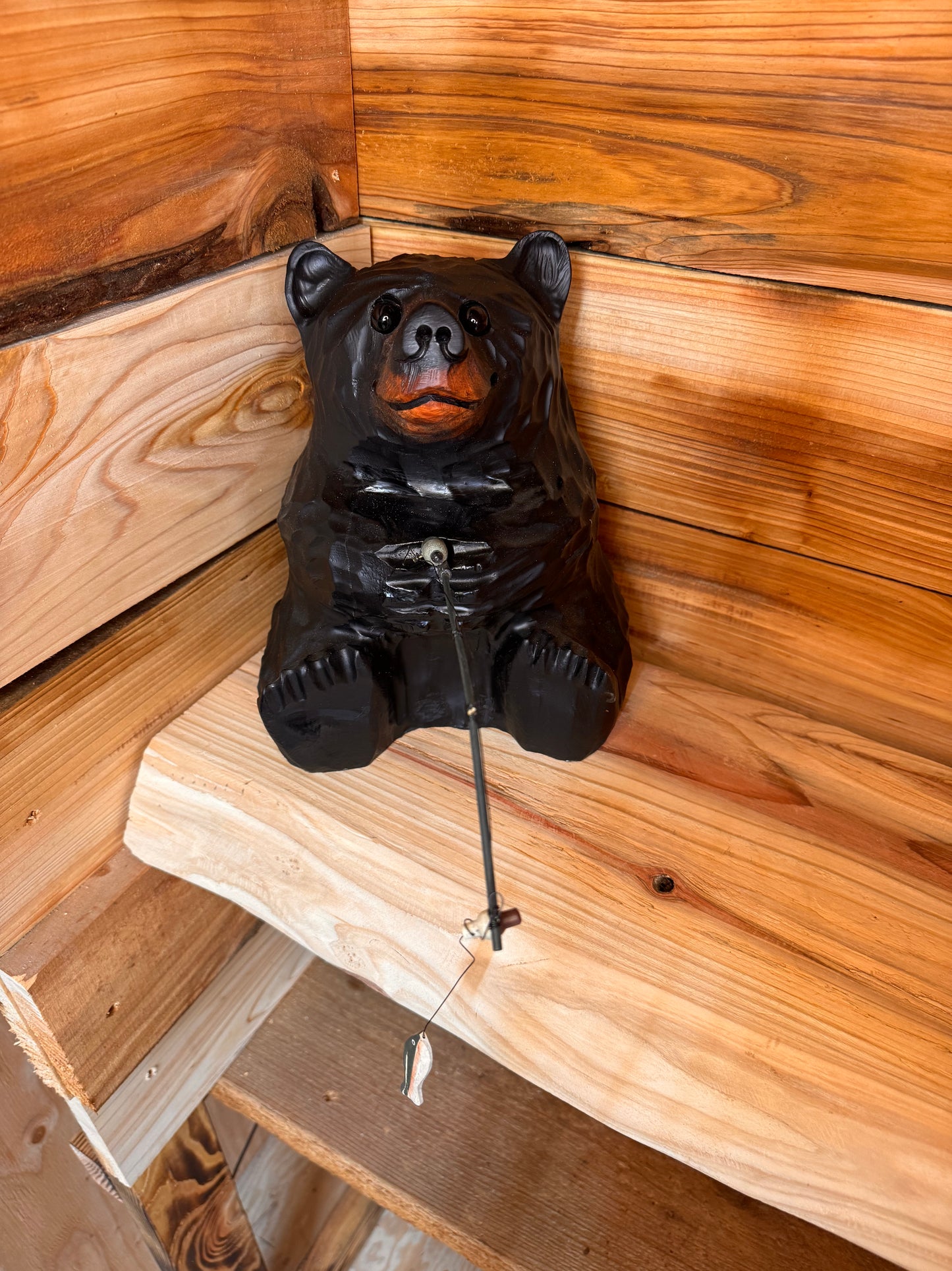 Wood Carved Bear with Fishing pole - 10" - Black