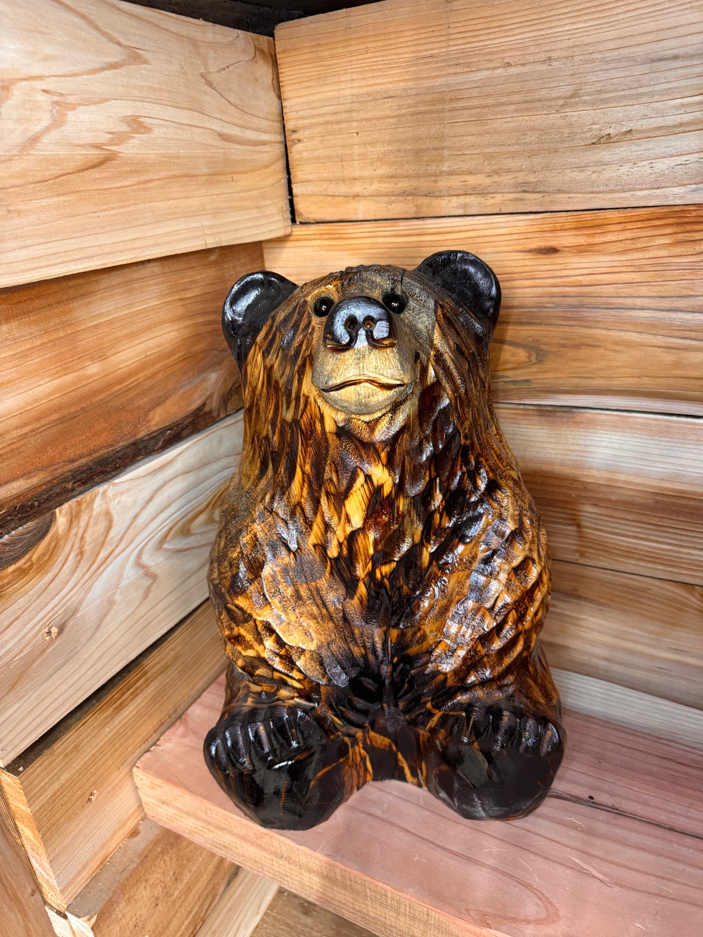 Chainsaw Carved Looking-Up Bear – 15” Ponderosa Pine
