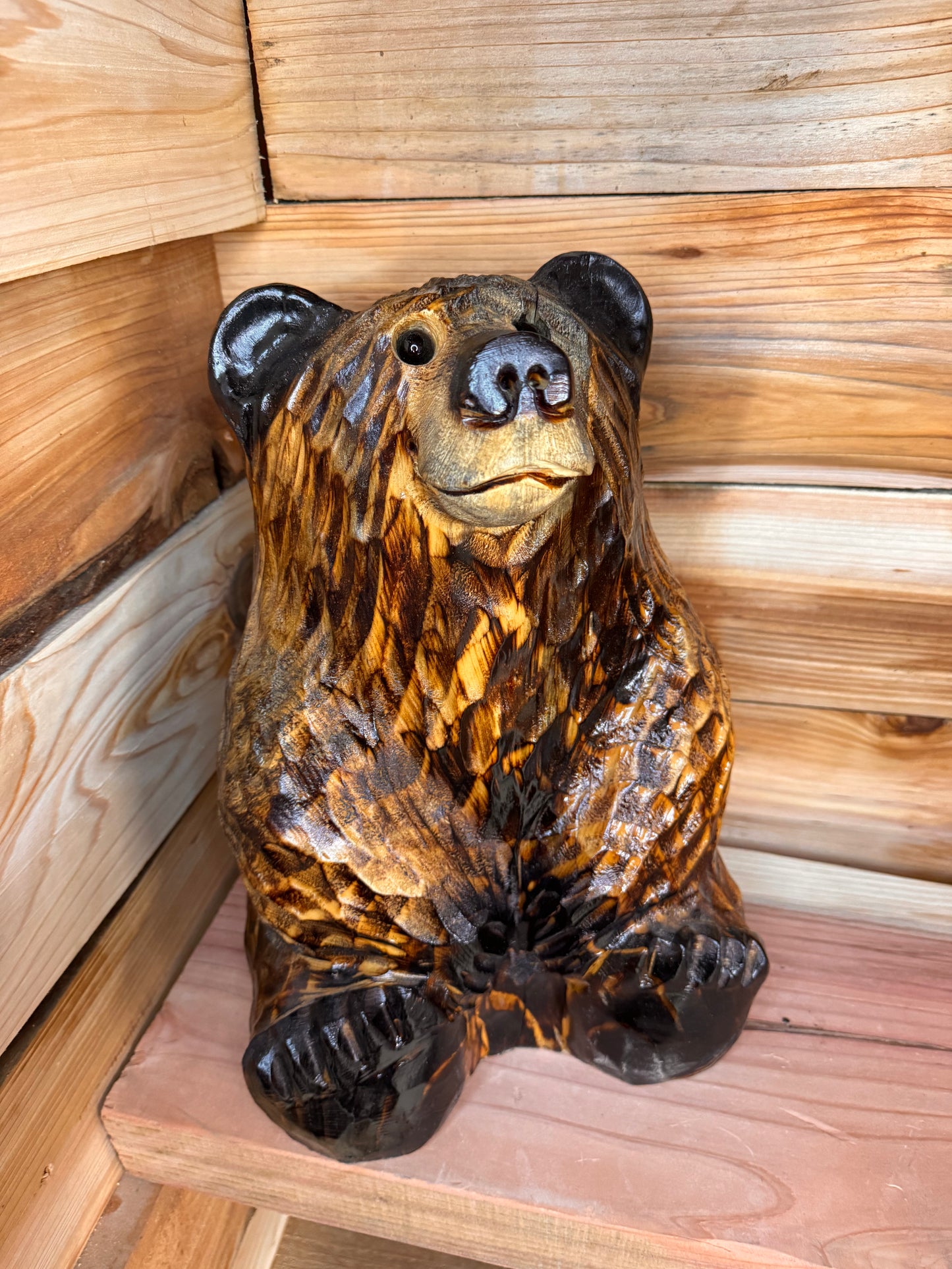 Chainsaw Carved Looking-Up Bear – 15” Ponderosa Pine