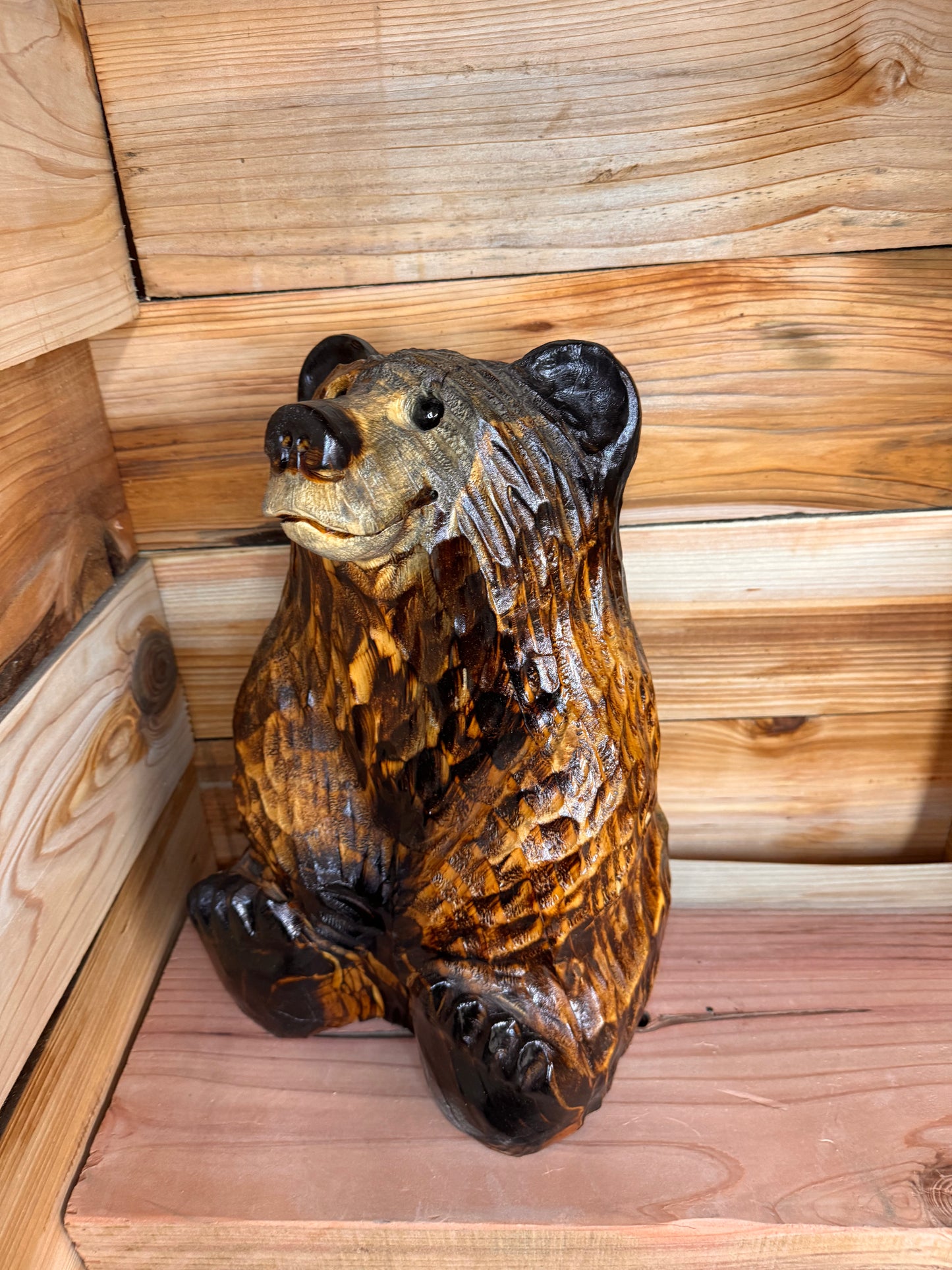 Chainsaw Carved Looking-Up Bear – 15” Ponderosa Pine