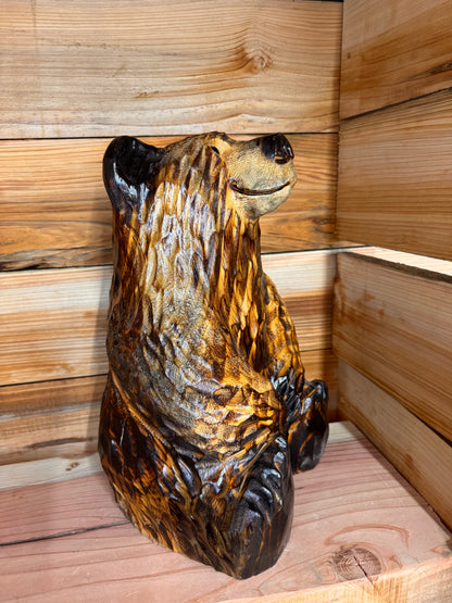 Chainsaw Carved Looking-Up Bear – 15” Ponderosa Pine