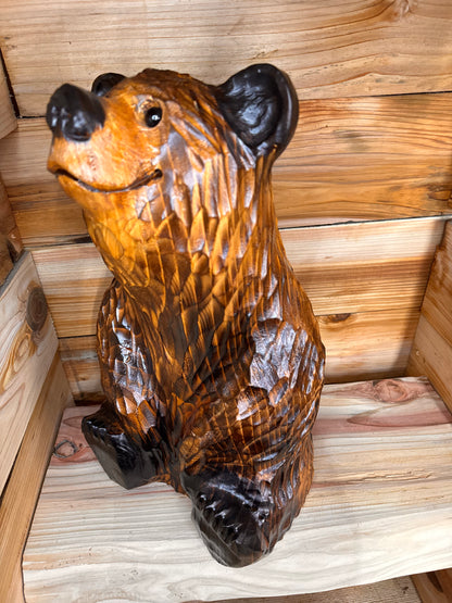Chainsaw Carved Brown Bear Sitting – 20” Cedar