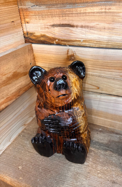 Wood Carved Sitting Bear 12" - Brown