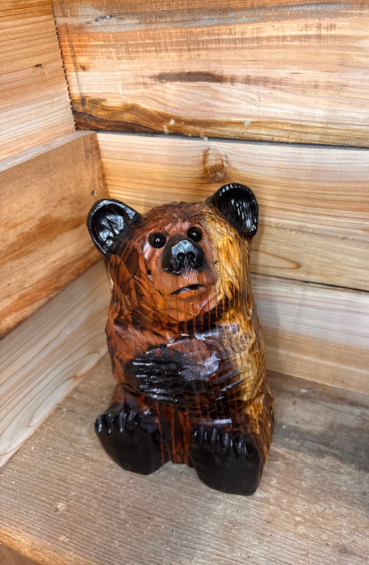 Wood Carved Sitting Bear 12" - Brown